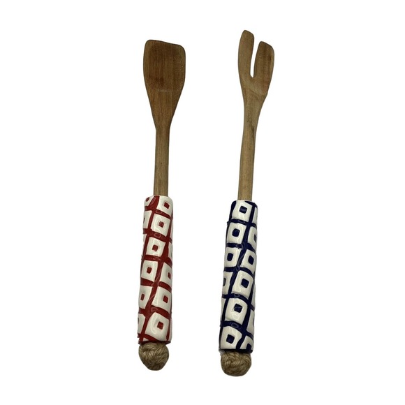 Hand Painted Serving Wooden Fork & Spoon with Ceramic ends, Made In Siena Italy - Picture 2 of 7